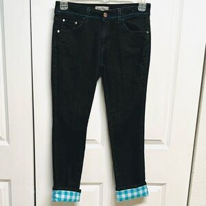 Encore Jeans Black Slim Ankle Jeans with Teal Plaid Cuff Jr Size 9